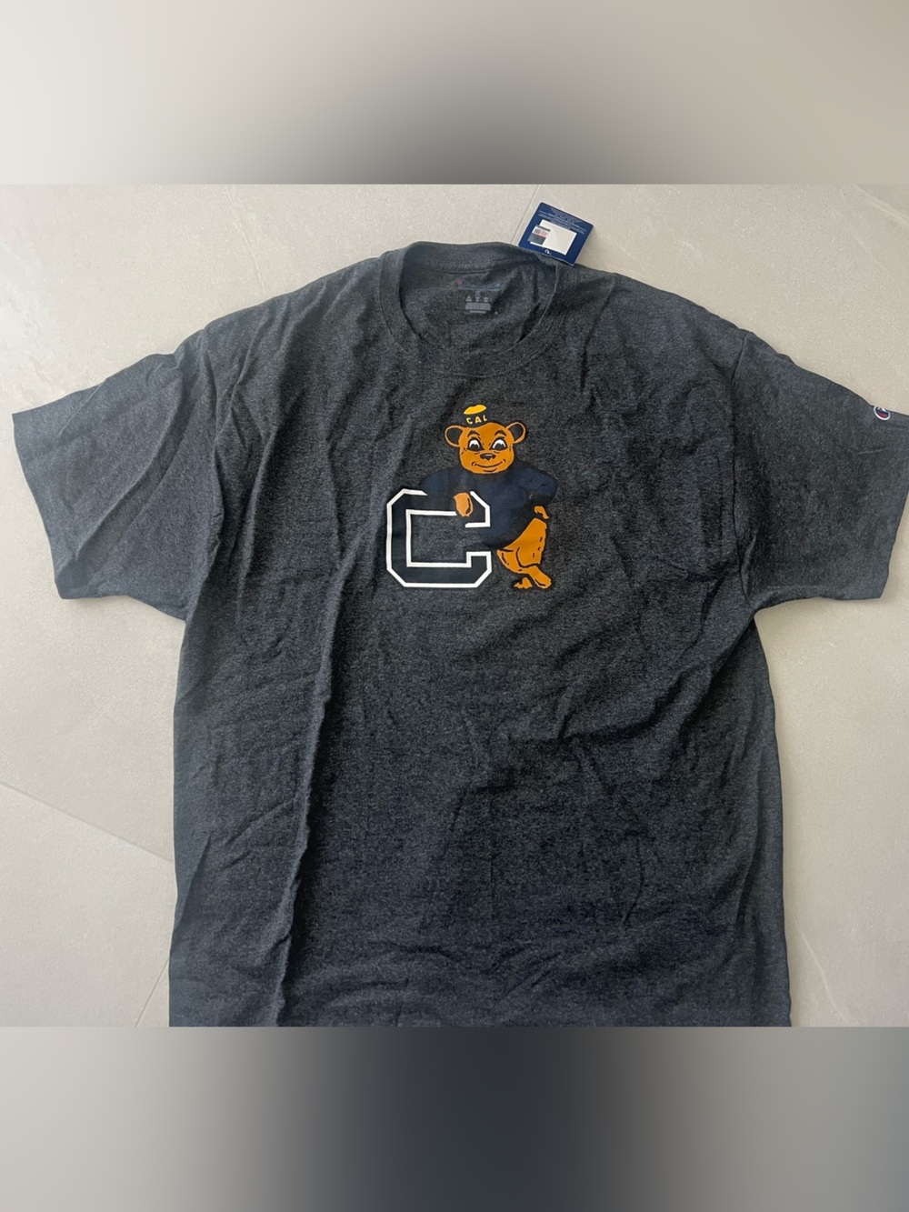Champion Dark Heather Gray Crewneck Sweatshirt with Cal Blue Logo Tag